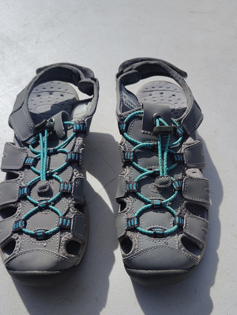 Magellan Outdoors Gray Sandals with Teal Bungee‎ Lacing x12x